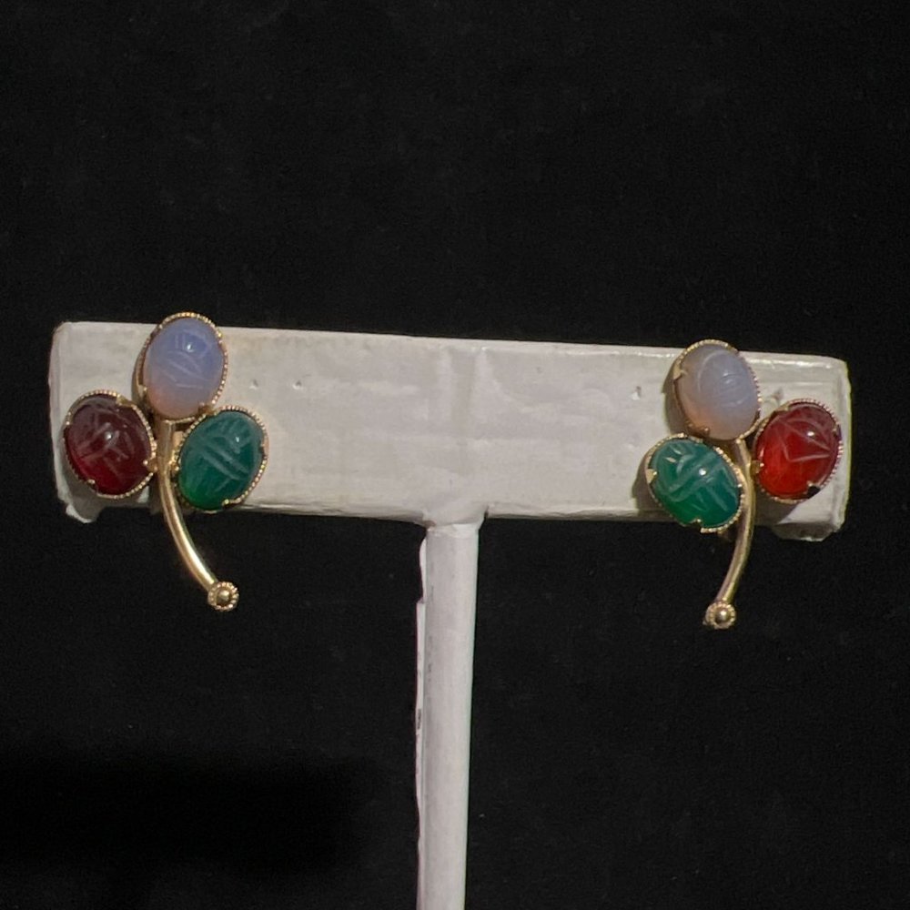 Amco 1/20 14k Gold Filled Gemstone Egyptian Scarab Screw Back Earrings (3977)